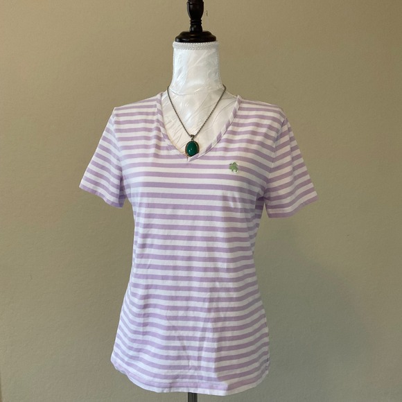 Brooks Brothers Tops - Brooks Brothers Womens V Neck T Shirt White Purple Striped Medium Cotton Tee